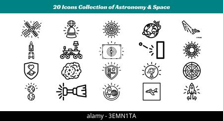 Una serie variegata di 20 icone minimaliste di linea piatta che rappresentano vari temi astronomici e spaziali, tra cui razzi, pianeti, satelliti e telescopi Illustrazione Vettoriale