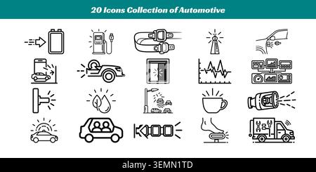 Una serie diversificata di venti eleganti icone vettoriali in bianco e nero che rappresentano vari temi automobilistici, tra cui ricarica, rifornimento, sicurezza, diagnostica, Illustrazione Vettoriale