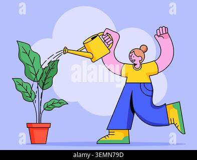 Allegra illustrazione di una donna che tiene in mano una bomboletta gialla, indossa una camicia gialla e pantaloni blu. Ideale per il giardinaggio domestico, la cura delle piante o gli ecovantaggi Illustrazione Vettoriale