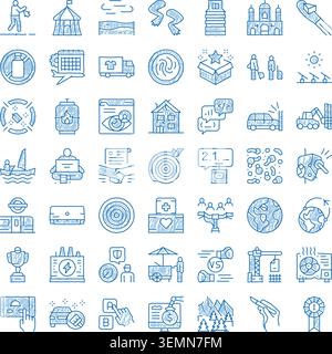 Icone in stile doodle blu che rappresentano concetti diversi Illustrazione Vettoriale