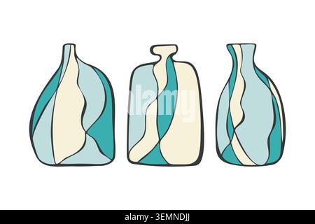 Set di illustrazioni in linea astratta con tre vasi in ceramica e bottiglie in vetro per poster di arredamento moderno, stampe di design estetico e Web gr Illustrazione Vettoriale