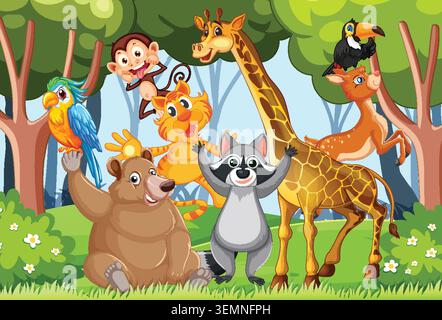 Illustrazione vettoriale colorata di animali della giungla sorridenti insieme in una luminosa e giocosa scena forestale Illustrazione Vettoriale