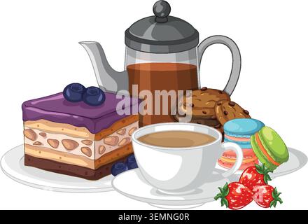 Illustrazione vettoriale piatta del set da tè con torta ai mirtilli, biscotti al cioccolato e macaron colorati Illustrazione Vettoriale