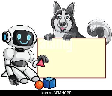 Un simpatico robot bianco e un supporto per cani husky accanto a un cartello rettangolare giallo vuoto Illustrazione Vettoriale