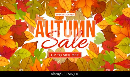 Striscione autunnale con foglie autunnali. Etichette con le offerte speciali Vector Red, Orange, Yellow e Green che circondano i saldi autunnali per le promozioni stagionali e i banner dei negozi online Illustrazione Vettoriale