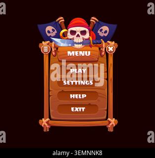 Interfaccia del menu dell'interfaccia utente del gioco dei pirati dei cartoni animati finestra dell'app con il teschio in bandana rossa che morde una sciabola sopra un pannello di legno con pulsanti etichettati menu, play, impostazioni, aiuto ed esci per un'avventura nautica corsara Illustrazione Vettoriale