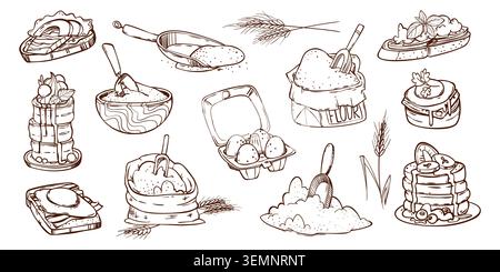 Disegna le icone dei panifici con scarabocchi isolate su sfondo bianco. Illustrazioni vettoriali di pane fresco, sacchetto di farina, pancake e toast con avocado, stravaganti elementi disegnati a mano per menu o vetrina Illustrazione Vettoriale
