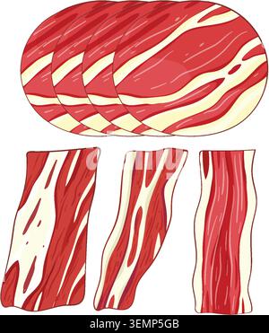 Fette di manzo crude disegnate a mano con martellatura visibile, linee audaci e tavolozza di colori piatti Illustrazione Vettoriale