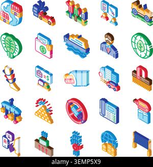 Raccolta di icone isometriche diverse che illustrano vari concetti Illustrazione Vettoriale