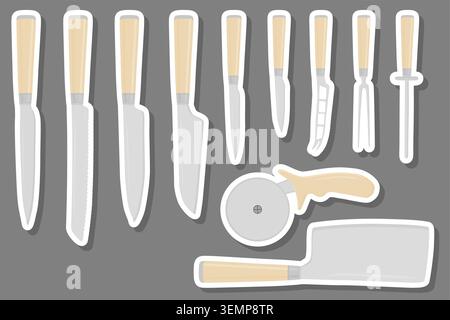 Illustrazione sul tema Set di colori grandi diversi tipi coltello dimensioni diverse per macellaio, modello di coltello kit composto da accessorio di raccolta per macelleria Illustrazione Vettoriale