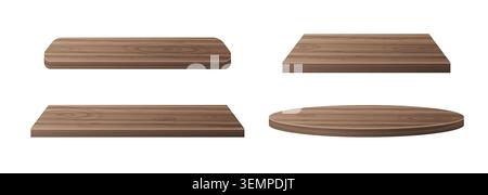 Podio in legno con trama a grana naturale, realistica illustrazione vettoriale isolata su sfondo bianco. Piattaforme di forme diverse, basi marrone scuro per l'esposizione dei prodotti Illustrazione Vettoriale