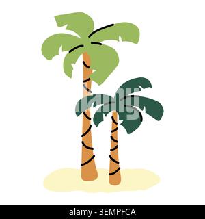Illustrazione vettoriale palme su sfondo bianco. Due palme tropicali su un'isola di sabbia per una spiaggia estiva, vacanze esotiche, vacanze, resort paradisiaco Illustrazione Vettoriale