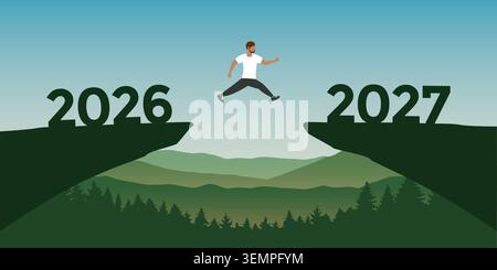 uomo che salta sopra una scogliera da 2026 a 2027 illustrazione vettoriale Illustrazione Vettoriale