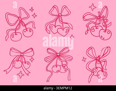 Set di fiocchi di ciliegio di coquette con cuori e nastri. Illustrazione vettoriale di graziosi elementi decorativi femminili per biglietti d'auguri vintage per San Valentino, inviti di compleanno, dolci disegni romantici, disegni a doodle Illustrazione Vettoriale