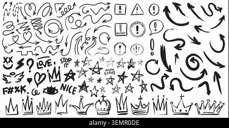 Ampia collezione di elementi di design isolati disegnati a mano. Frecce, corone stelle Doodle stile grunge per evidenziare l'animazione della produzione video Illustrazione Vettoriale