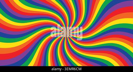 Astratto mese dell'orgoglio colorato vettore di sfondo burst arcobaleno. Carta da parati vintage retrò con righe arcobaleno e linee ondulate Illustrazione Vettoriale