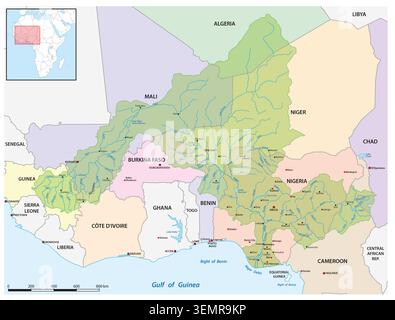 Mappa del bacino del fiume Niger nell'Africa occidentale Foto Stock