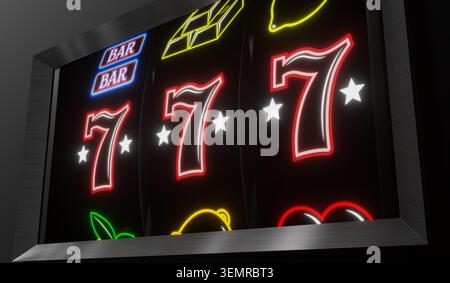 Casino Slots Machine che mostra sette, jackpot - illustrazione 3d. Foto Stock