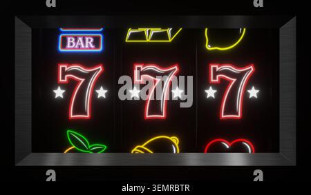 Casino Slots Machine che mostra sette, jackpot - illustrazione 3d. Foto Stock