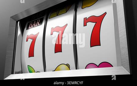 Casino Slots Machine che mostra sette, jackpot - illustrazione 3d. Foto Stock