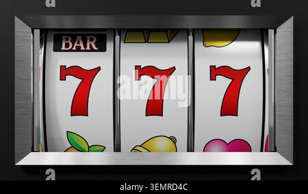 Casino Slots Machine che mostra sette, jackpot - illustrazione 3d. Foto Stock