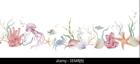 Watercolor Marine Life Seamless Border Clipart, elementi marini sottomarini isolati, Coral Reef, meduse, granchio, stelle marine, striscione vettoriale con alghe marine. Vettore Illustrazione Vettoriale