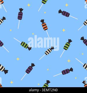 Simpatico sfondo Halloween senza cuciture con caramelle colorate a righe, lecca lecca e stelle gialle. Illustrazione vettoriale su sfondo blu per fabri Illustrazione Vettoriale
