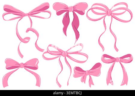 Nastri ad arco rosa vettoriali ad acquerello, isolati su sfondo bianco. Illustrazione delle festività disegnata a mano. Elementi di design vintage alla moda per matrimoni, birt Illustrazione Vettoriale