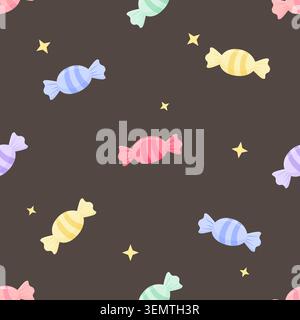 Carino sfondo a motivo di caramelle dai colori pastello senza cuciture con dolci a righe e stelle gialle. Illustrazione vettoriale su sfondo marrone per la doccia del bambino f Illustrazione Vettoriale
