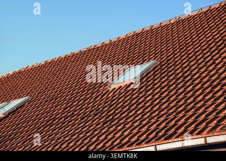 Tetto di un edificio residenziale caratterizzato da numerose piastrelle di terracotta e un moderno lucernario, che offre luce naturale e ventilazione Foto Stock