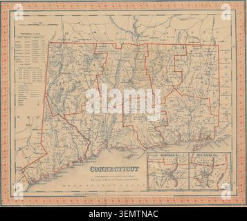 Mappa storica del Connecticut che mostra i confini delle contee, le città, i percorsi di trasporto, i corsi d'acqua e le caratteristiche costiere in tutto lo stato, con mappe insettate delle aree di Hartford e New Haven. Pubblicato da S. Augustus Mitchell a Philadelphia, 1846. Foto Stock