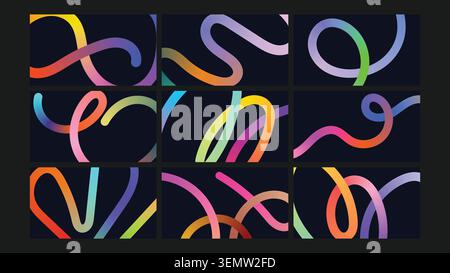 Linee di turbolenza colorate astratte su sfondo scuro, con effetti arcobaleno sfumati e curve uniformi. Ideale per tecnologia, musica o grafica creativa. Illustrazione Vettoriale