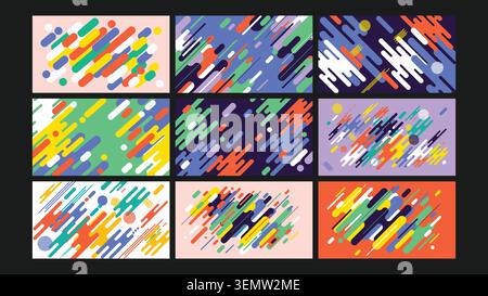 Una colorata raffica diagonale di forme piatte e linee dai toni vivaci. Perfetto per grafica tecnologica, design moderno, grafica Web dinamica ed elementi di branding creativi. Illustrazione Vettoriale