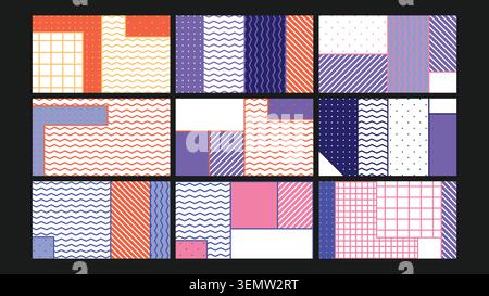 Un vibrante mix astratto di forme geometriche retrò, strisce, onde e blocchi di colore. Perfetto per divertenti immagini Web e progetti di stampa. Illustrazione Vettoriale
