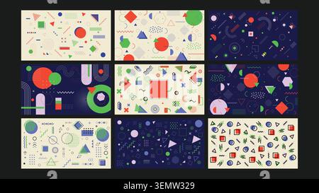 Un mix giocoso di forme geometriche retrò in tonalità audaci e pastello. Ideale per grafica tecnologica, progetti didattici, branding e design digitale astratto. Illustrazione Vettoriale