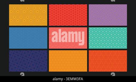 Illustrazioni vettoriali luminose e minimali con disegni colorati basati su linee in composizioni geometriche. Ideale per il branding moderno, i tessuti e i progetti creativi digitali. Illustrazione Vettoriale