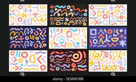 Divertenti scarabocchi disegnati a mano e scarabocchi retrò in audaci tavolozze di colori pastello e scuri. Perfetto per il branding divertente, i design per bambini e le risorse visive espressive. Illustrazione Vettoriale