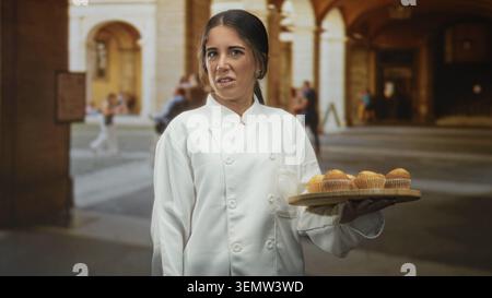 Chef donna che tiene in mano un vassoio di muffin in legno con la mano destra, che grida mentre presenta prodotti da forno in un edificio storico; ospitalità scomoda. Foto Stock