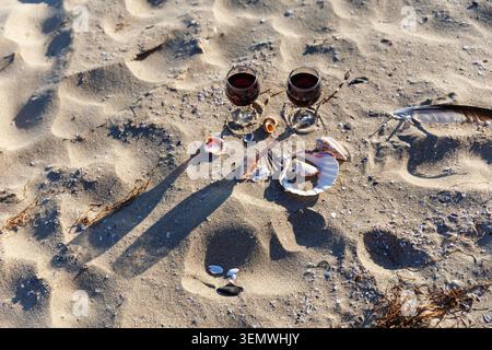 Vista dall'alto dei bicchieri di vino rosso su Sandy Beach con conchiglie e ombre Foto Stock