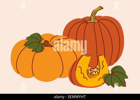 Una composizione di due zucche e una fetta di zucca con polpa e semi tra le foglie di zucca, ritagliate le verdure arancioni per Halloween e. Illustrazione Vettoriale