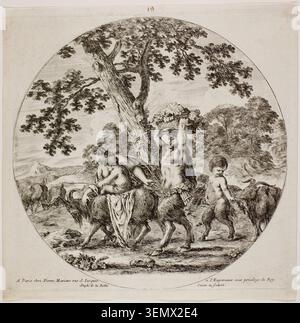 Satyr Family Walking di Stefano della bella, 1657 ca., raffigurante satiri mitologici e putti che passeggiano sotto un grande albero in un paesaggio boscoso Foto Stock