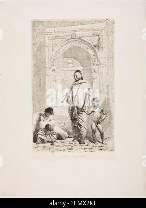 Famiglia Marocchina di Mariano Fortuny Marsal, 1862, raffigurante una donna e tre bambini riuniti in una porta di architettura moresca ornata Foto Stock