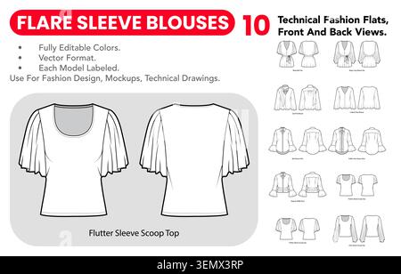Il set di bluse a manica svasata include scarpe basse tecniche in bianco e nero con vista frontale e posteriore, versioni con profilo e silhouette a polsini larghi per il design di capi. Illustrazione Vettoriale