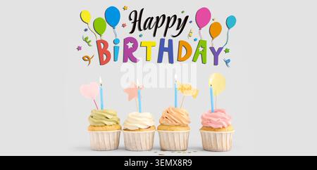 Buon compleanno con quattro cupcake, candele accese, palloncini colorati e coriandoli su sfondo bianco Foto Stock
