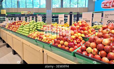 Toronto, ON, Canada - 6 giugno 2026: Mele fresche e colorate disposte in modo ordinato sugli scaffali all'interno di un moderno supermercato. Foto Stock