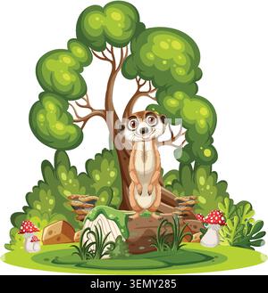 Il cartoni animati meerkat si erge in posizione verticale tra alberi verdi, funghi e fogliame in stile vettoriale Illustrazione Vettoriale