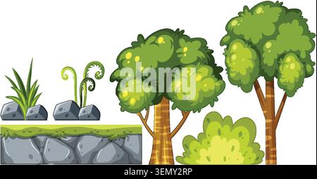 Luminosa foresta vettoriale con alberi frondosi, cespugli, rocce e felci in stile cartoni animati Illustrazione Vettoriale