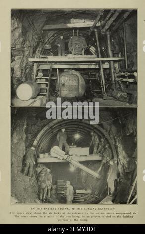 Lavoratori che costruiscono l'estensione del tunnel della batteria per la metropolitana di New York City, installano serrature ad aria e erigono un rivestimento in ferro. I tunnel del North River sono un paio di tunnel ferroviari che trasportano le linee passeggeri Amtrak e New Jersey Transit sotto il fiume Hudson tra North Bergen, New Jersey, e Pennsylvania Station a Manhattan, New York. Costruito tra il 1904 e il 1908 dalla Pennsylvania Railroad (PRR) per consentire ai suoi treni di raggiungere Manhattan, aprì il servizio alla fine del 1910. Dall'articolo NEW YORK E PANAMA. UN CONTRASTO NELLA REALIZZAZIONE INGEGNERISTICA. Di Ernest John Munby. Dalla Engin Foto Stock