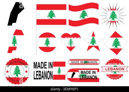 Simboli nazionali del Libano bandiere mappa e vettori di distintivi Made in Lebanon. Adatto per progetti editoriali, educativi e commerciali. Illustrazione Vettoriale