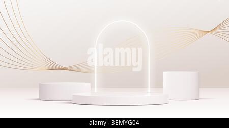 Elegante podio bianco con linee dorate fluide e arco al neon, sfondo vettoriale realistico di alta qualità. Piattaforma 3d di lusso, cerimonia di premiazione con design curvo, esposizione dei prodotti, vetrina di presentazione cosmetica Illustrazione Vettoriale